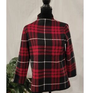 Anne Klein Womens Red Black Plaid Mock Neck 3/4 Sleeve Knit Sweater Size S